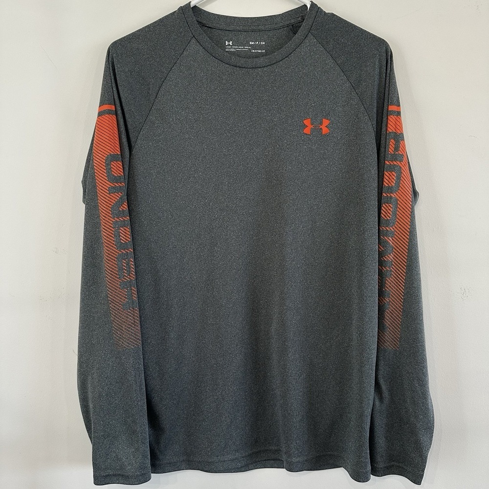 Men's Under Armour Small Gray Orange Long‎ Sleeve Shirt Loose Heat Gear